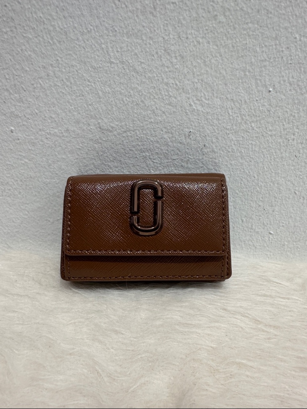 Brown Saffiano Leather Compact Wallet with DTM brown signature JJ logo